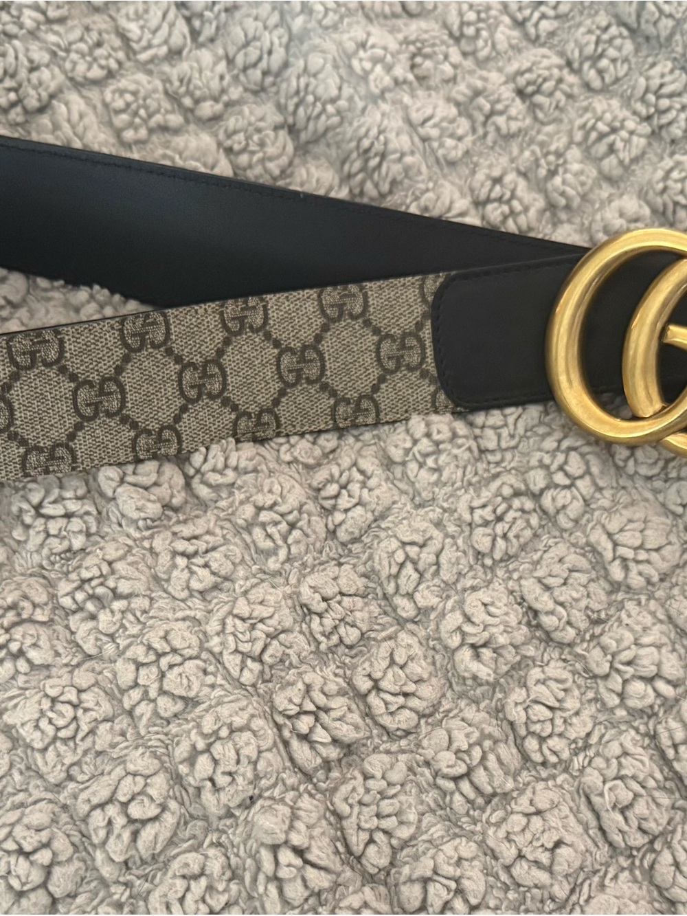 Gucci Black Leather & Beige GG Canvas Belt with Gold Double G Buckle
